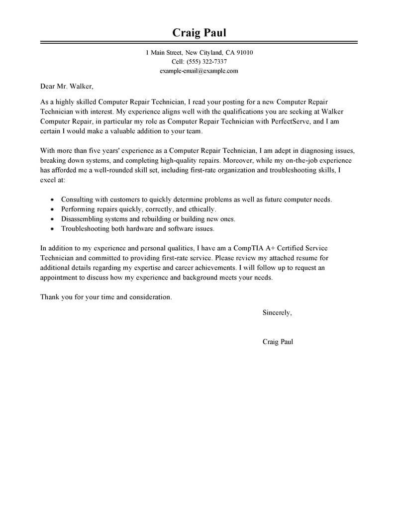 Computer Repair Technician Cover Letter Template