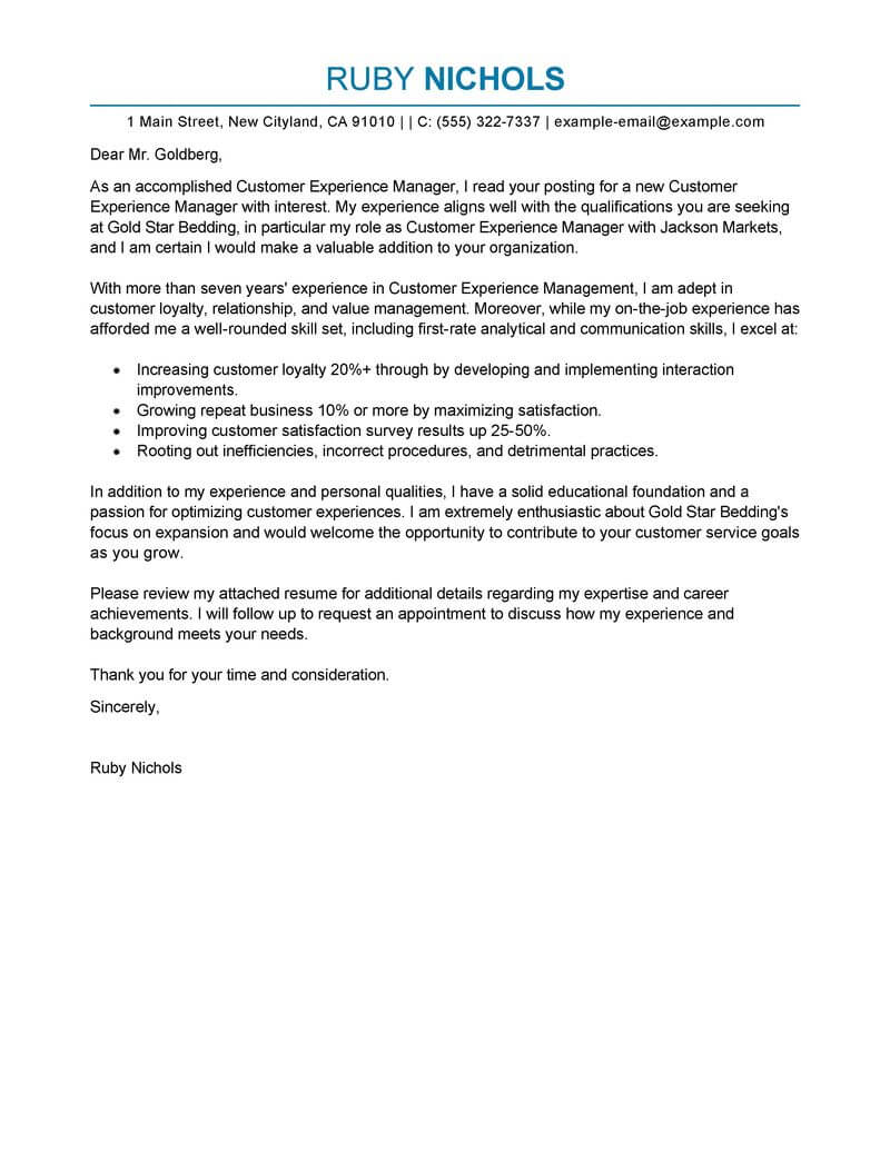 Customer Experience Manager Cover Letter Example