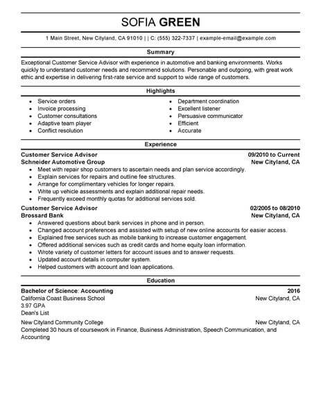 Professional Customer Service Advisor Resume Examples 1030