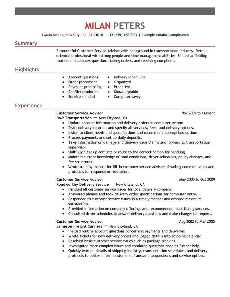 Professional Customer Service Advisor Resume Examples 6058