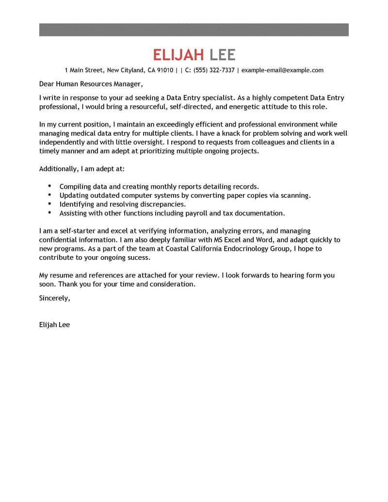 Data Entry Specialist Cover Letter Template Emphasis Style