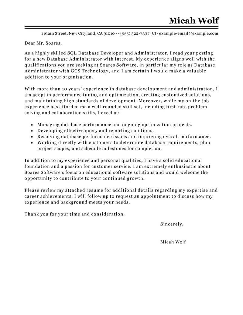 Database Administrator Cover Letter Sample