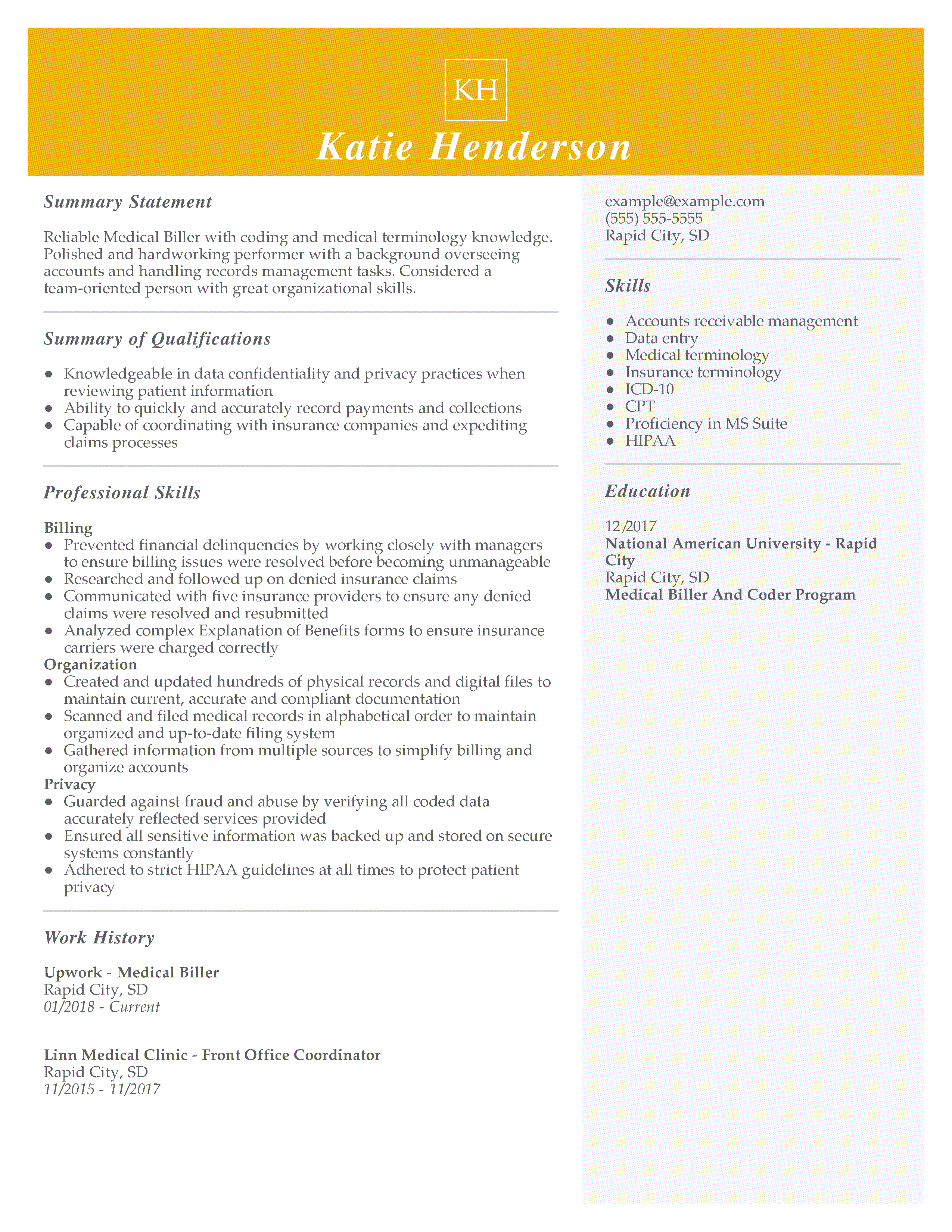 Entry Level Medical Biller Resume Example