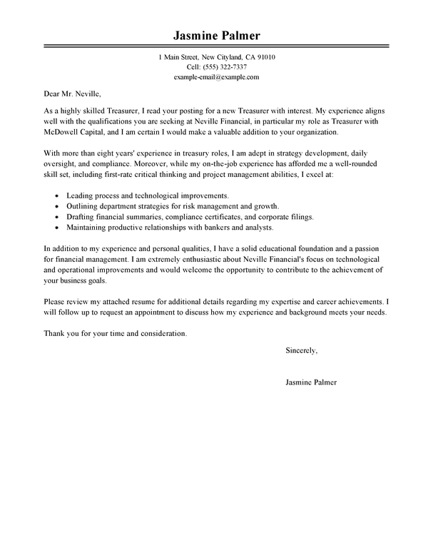 Finance Treasurer Cover Letter Example