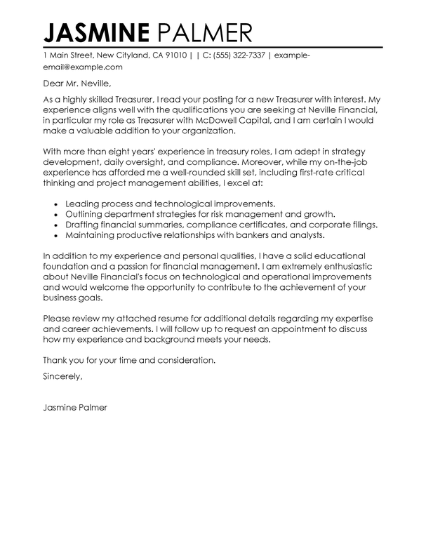 Finance Treasurer Cover Letter Sample