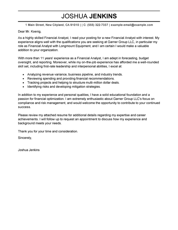 Financial Analyst Cover Letter Example