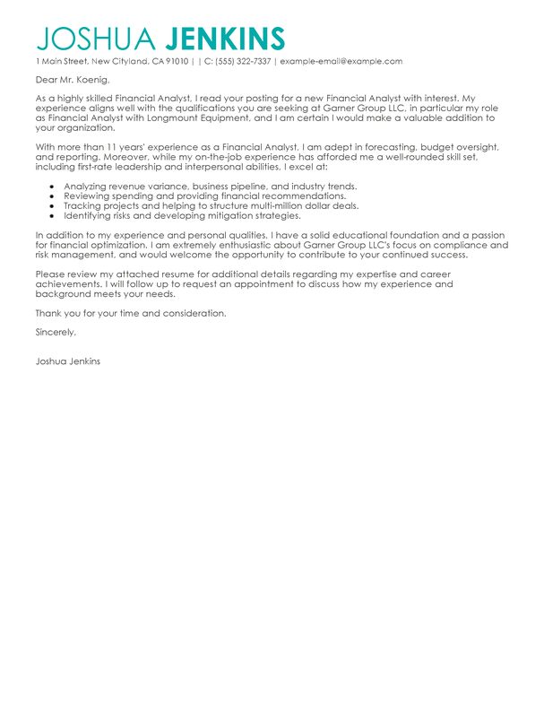 Financial Analyst Cover Letter Sample