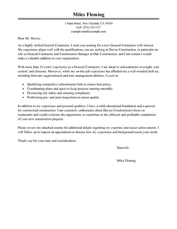 General Contractor Cover Letter Sample