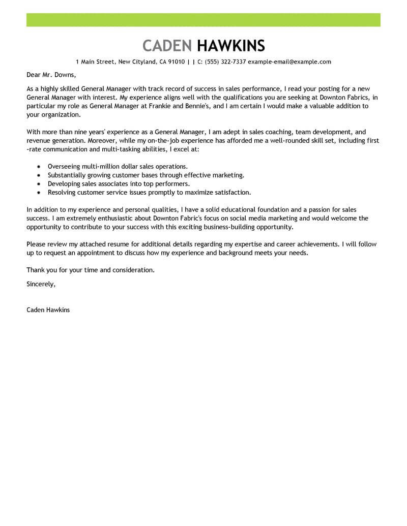 General Manager Cover Letter Example