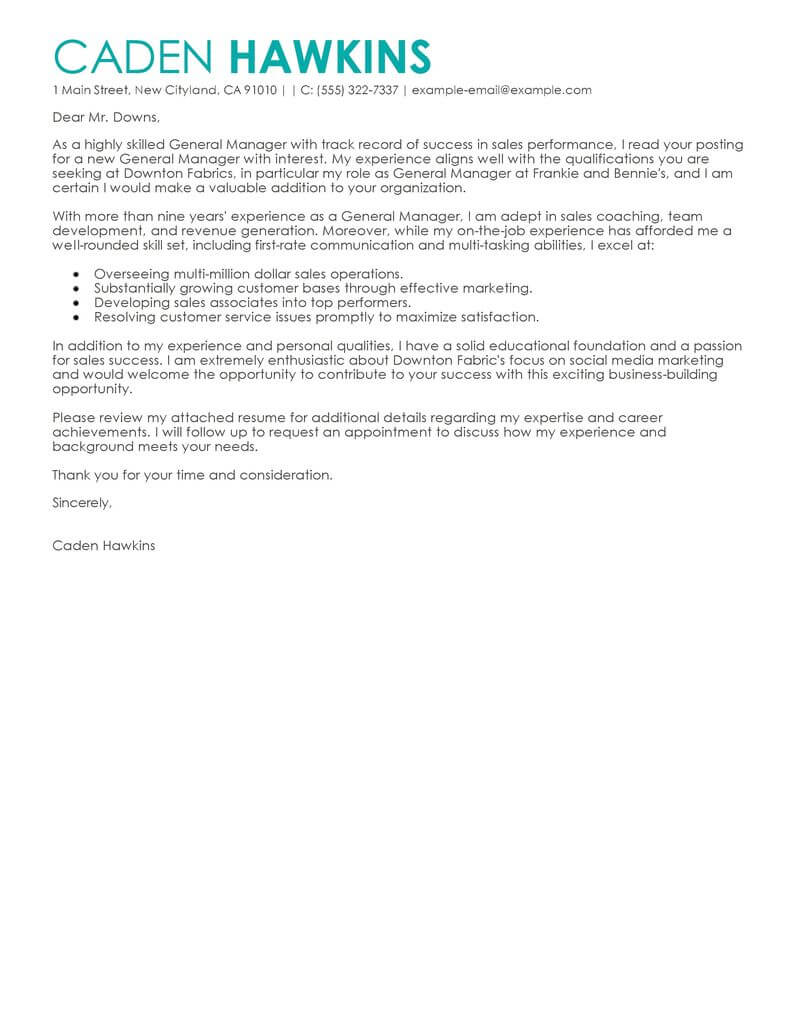 General Manager Cover Letter Sample