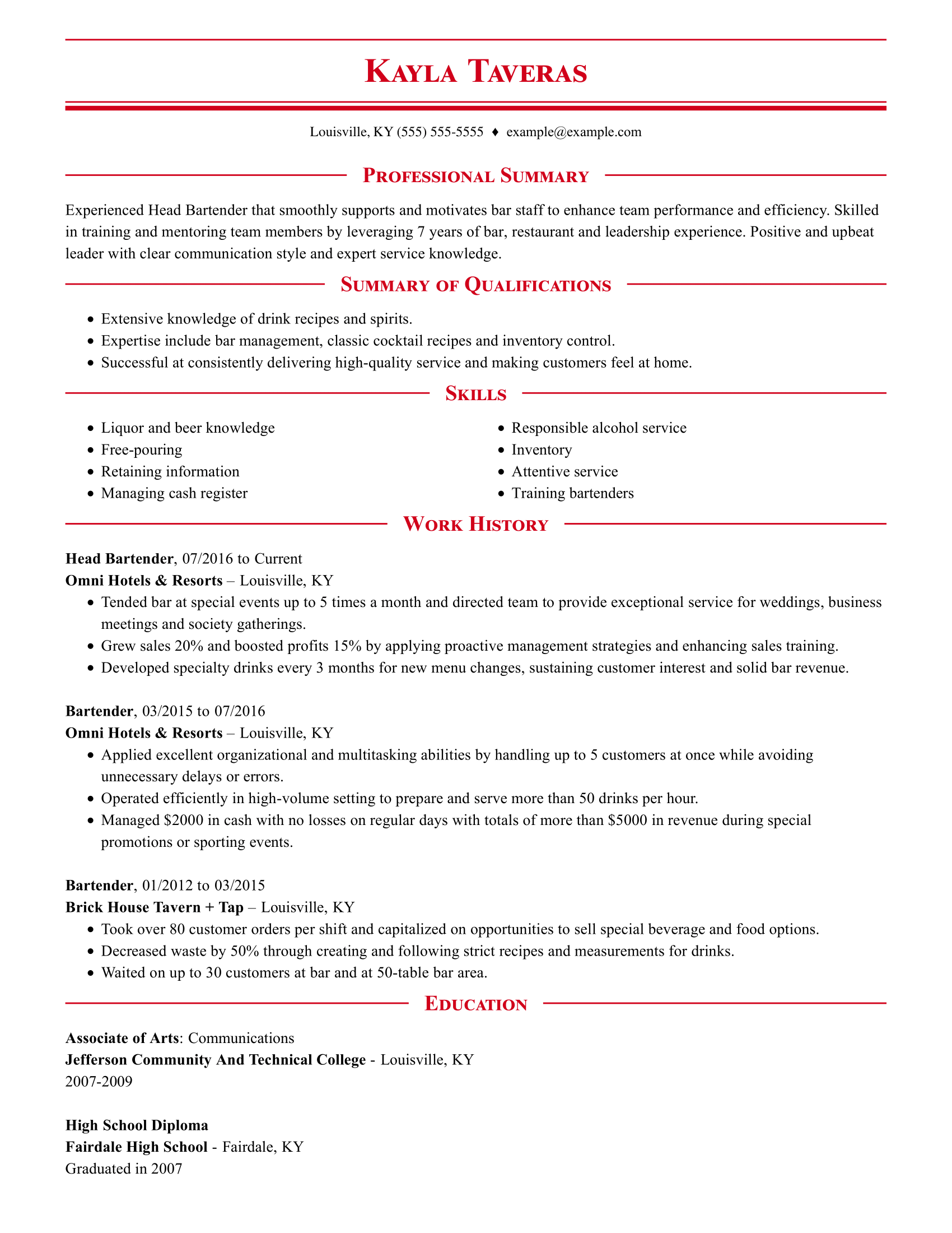 Head Bartender Combination Resume Template