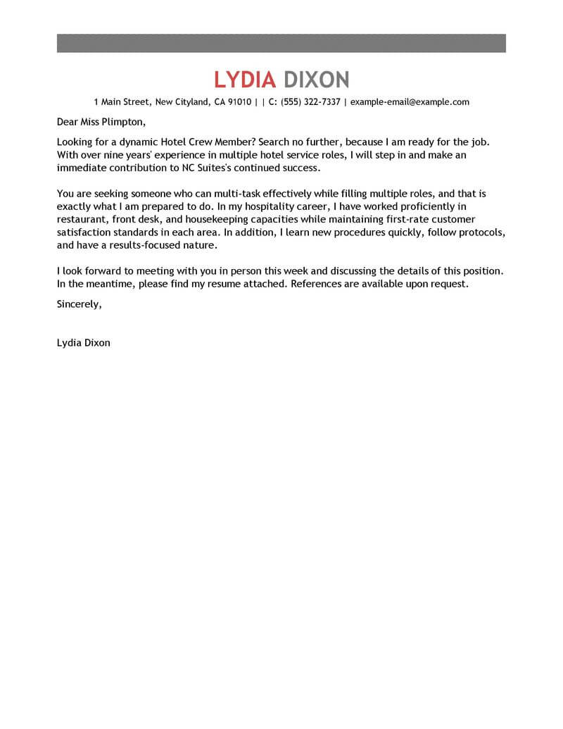 Hotel Crew Member Cover Letter Template