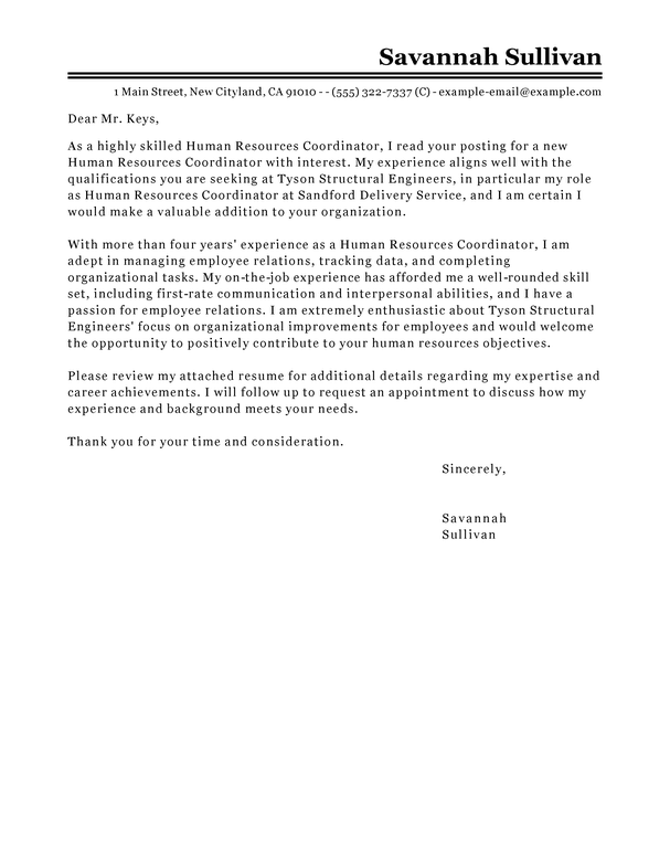 Human Resources Coordinator Cover Letter Template