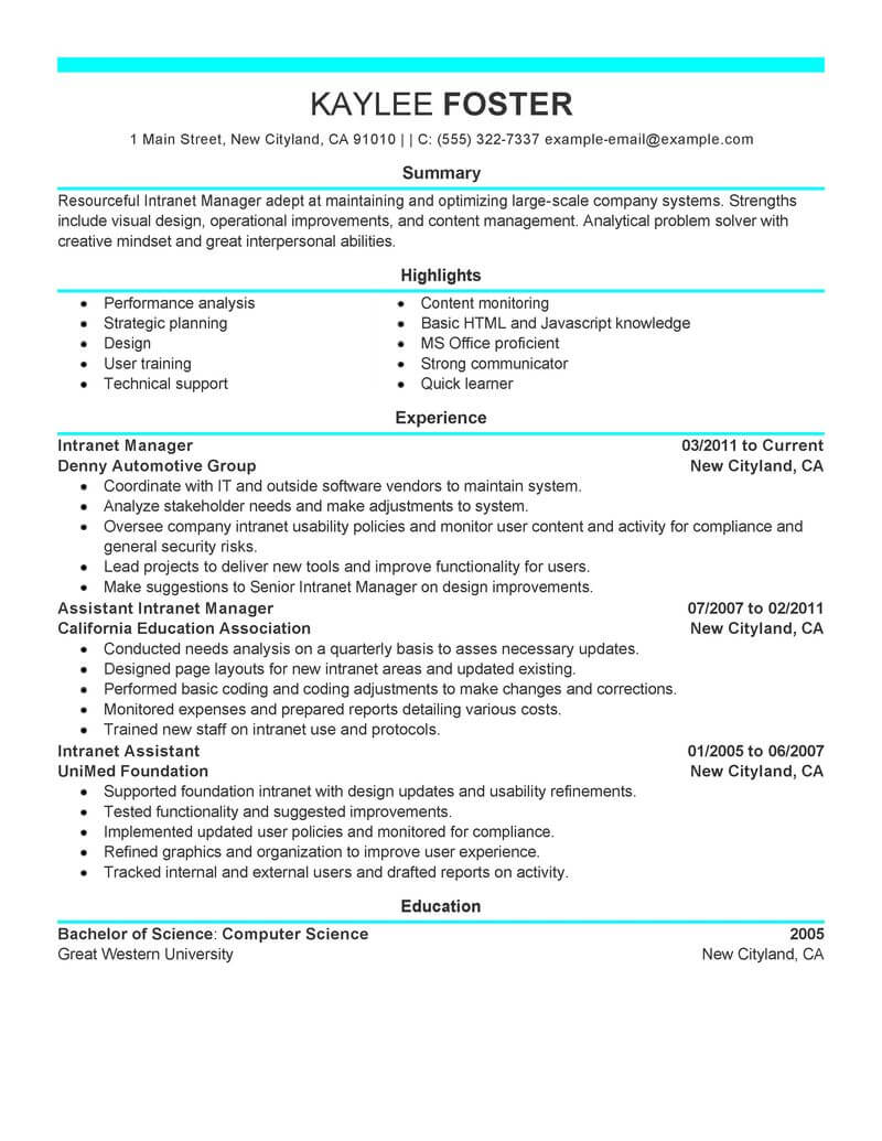 Professional Intranet Manager Resume Examples