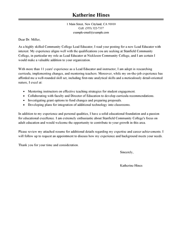 Lead Educator Cover Letter Sample