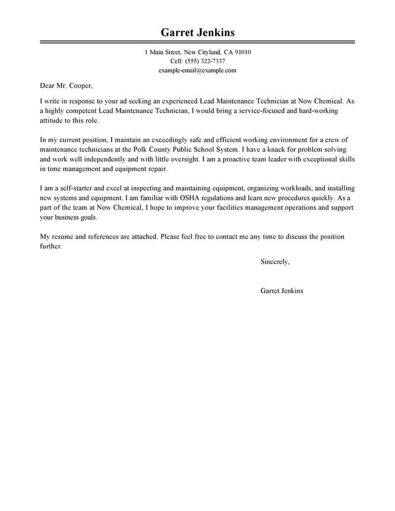 Lead Maintenance Cover Letter Template