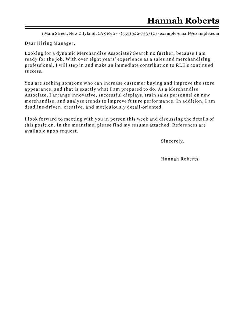 Merchandise Associate Cover Letter Sample Classic Style