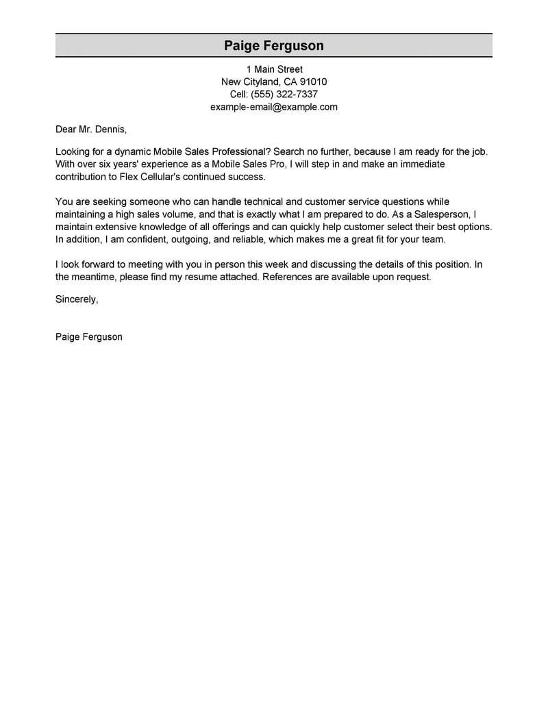 Mobile Sales Professional Cover Letter Template