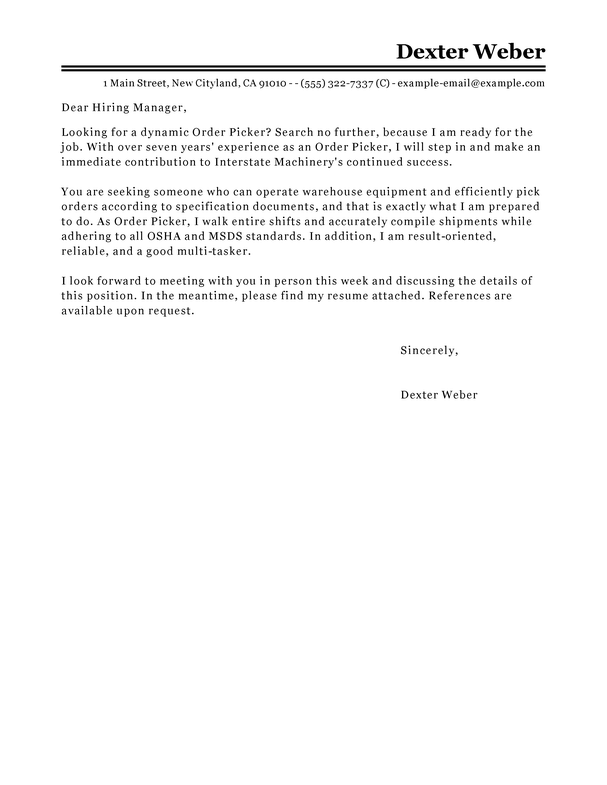 Order Picker Cover Letter Example