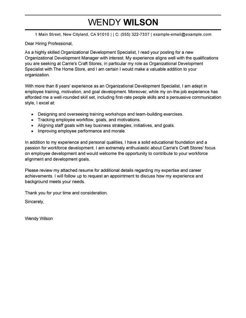 Organizational Development Manager Cover Letter Sample Professional