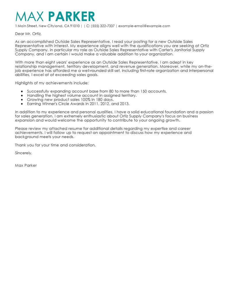 Outside Sales Representative Cover Letter Template Contemporary