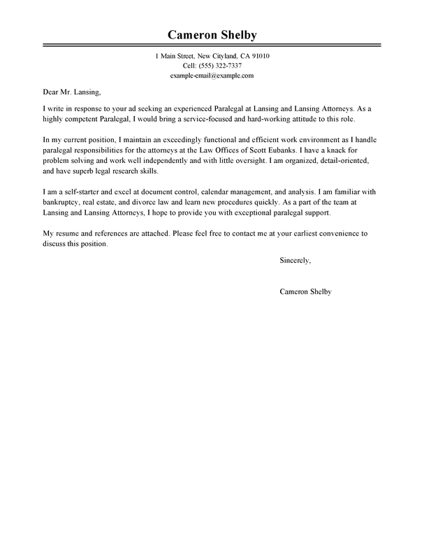 Paralegal Cover Letter Sample