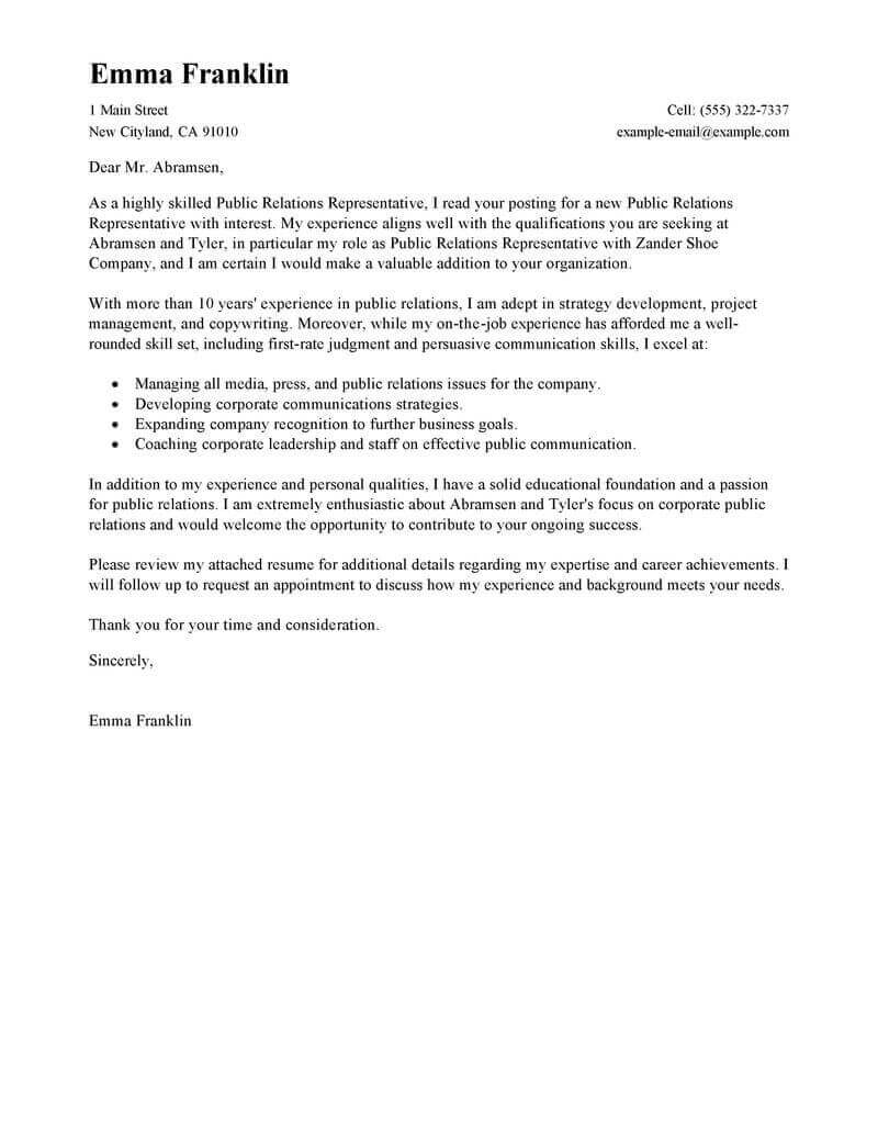 Public Relations Representative Cover Letter Example