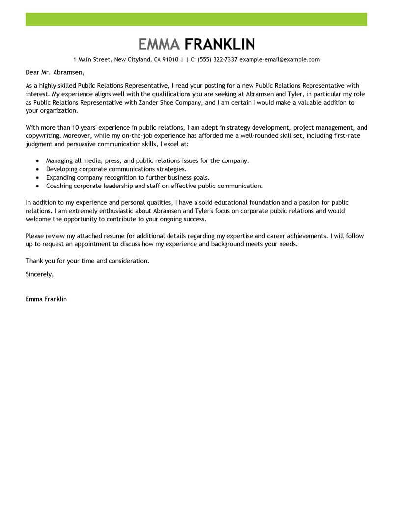 Public Relations Representative Cover Letter Sample