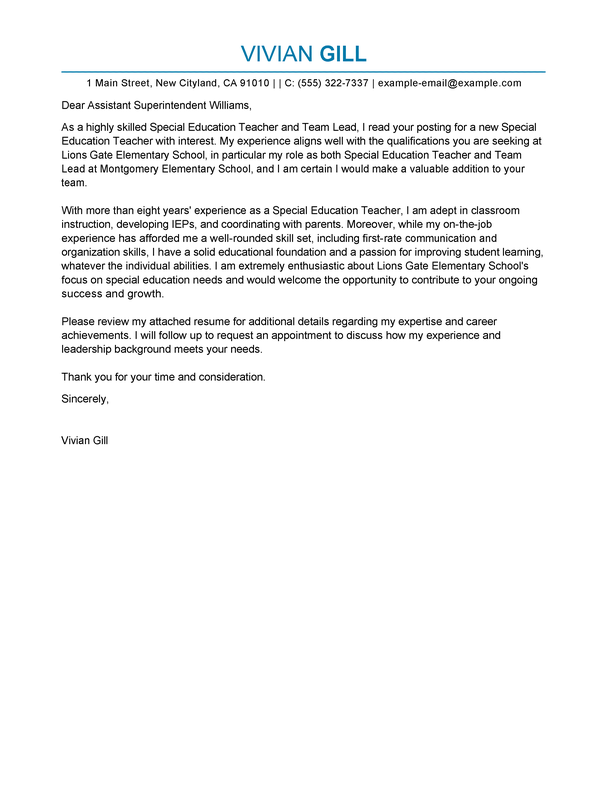 Special Education Teacher And Team Lead Cover Letter Example