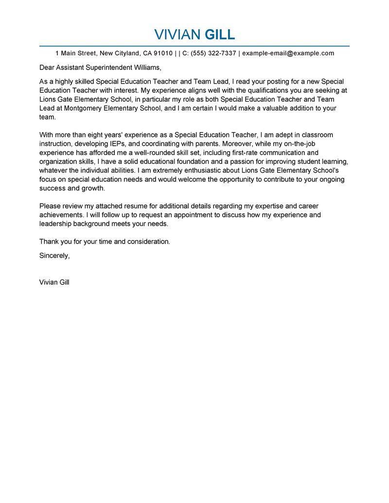 Special Education Teacher And Team Lead Cover Letter Sample