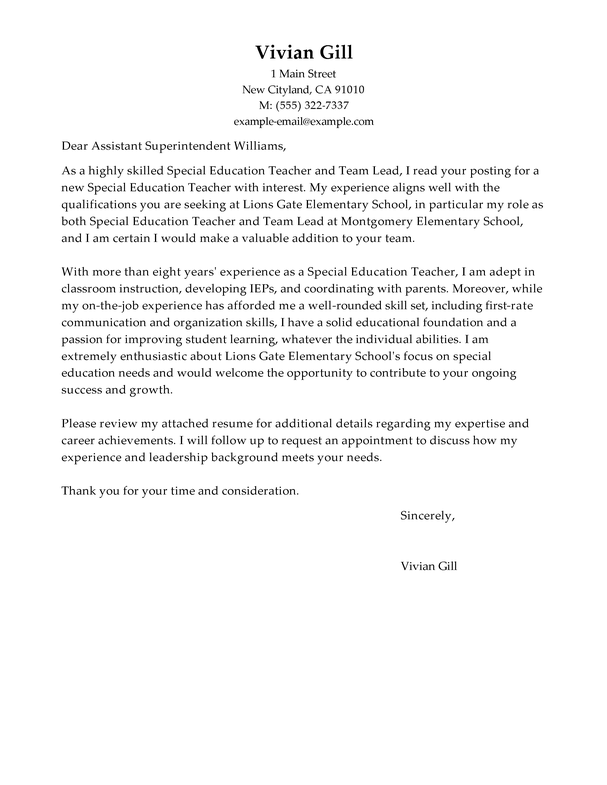 Special Education Teacher And Team Lead Cover Letter Template