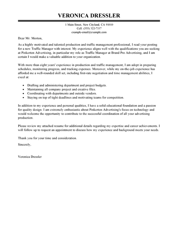 Traffic Manager Cover Letter Sample