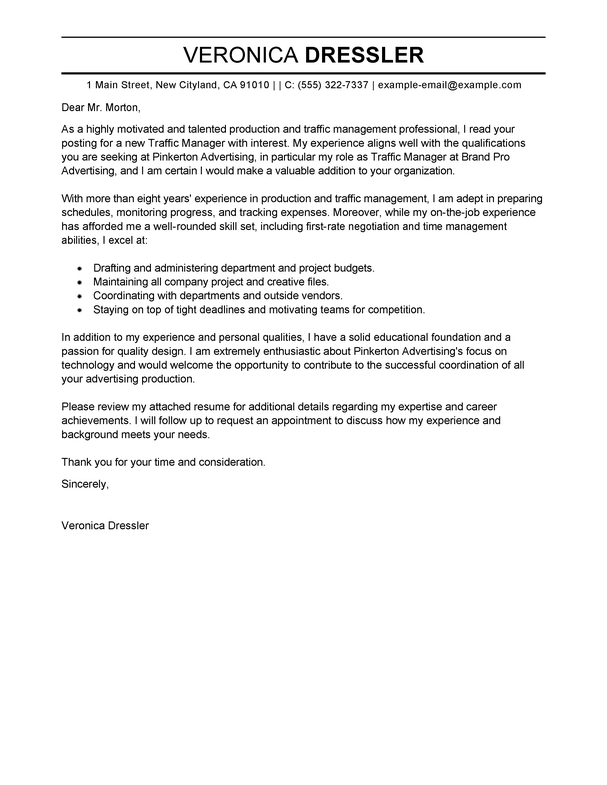 Traffic Manager Cover Letter Template