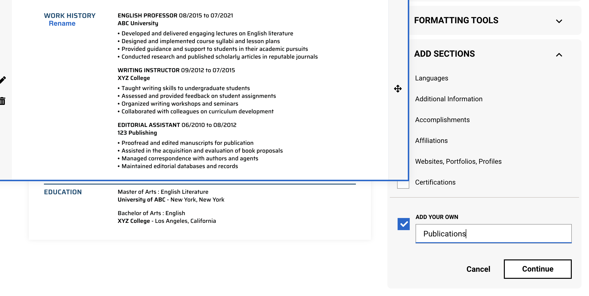 Adding Publications section to a resume.