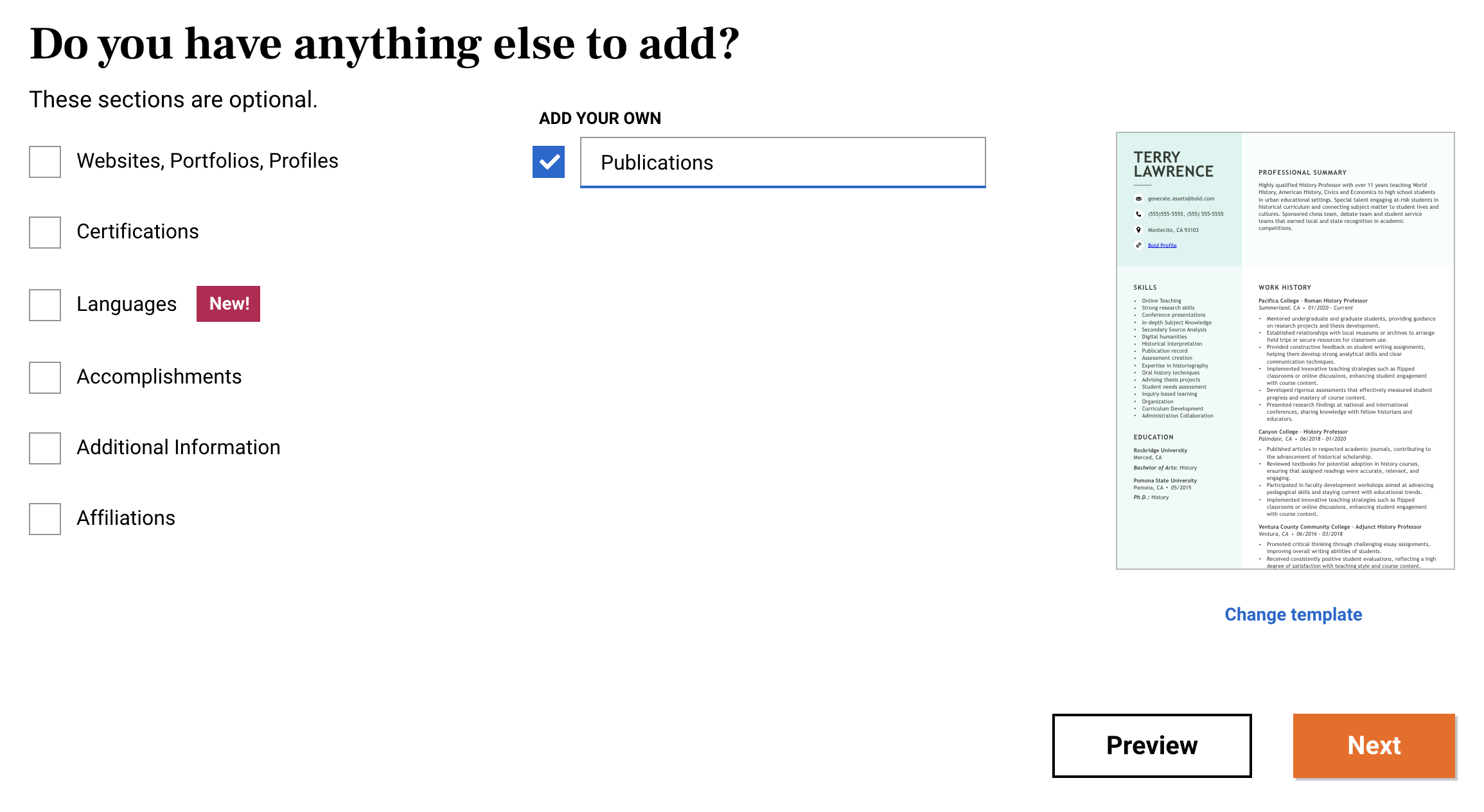 Adding Publications section to a resume in resume builder.