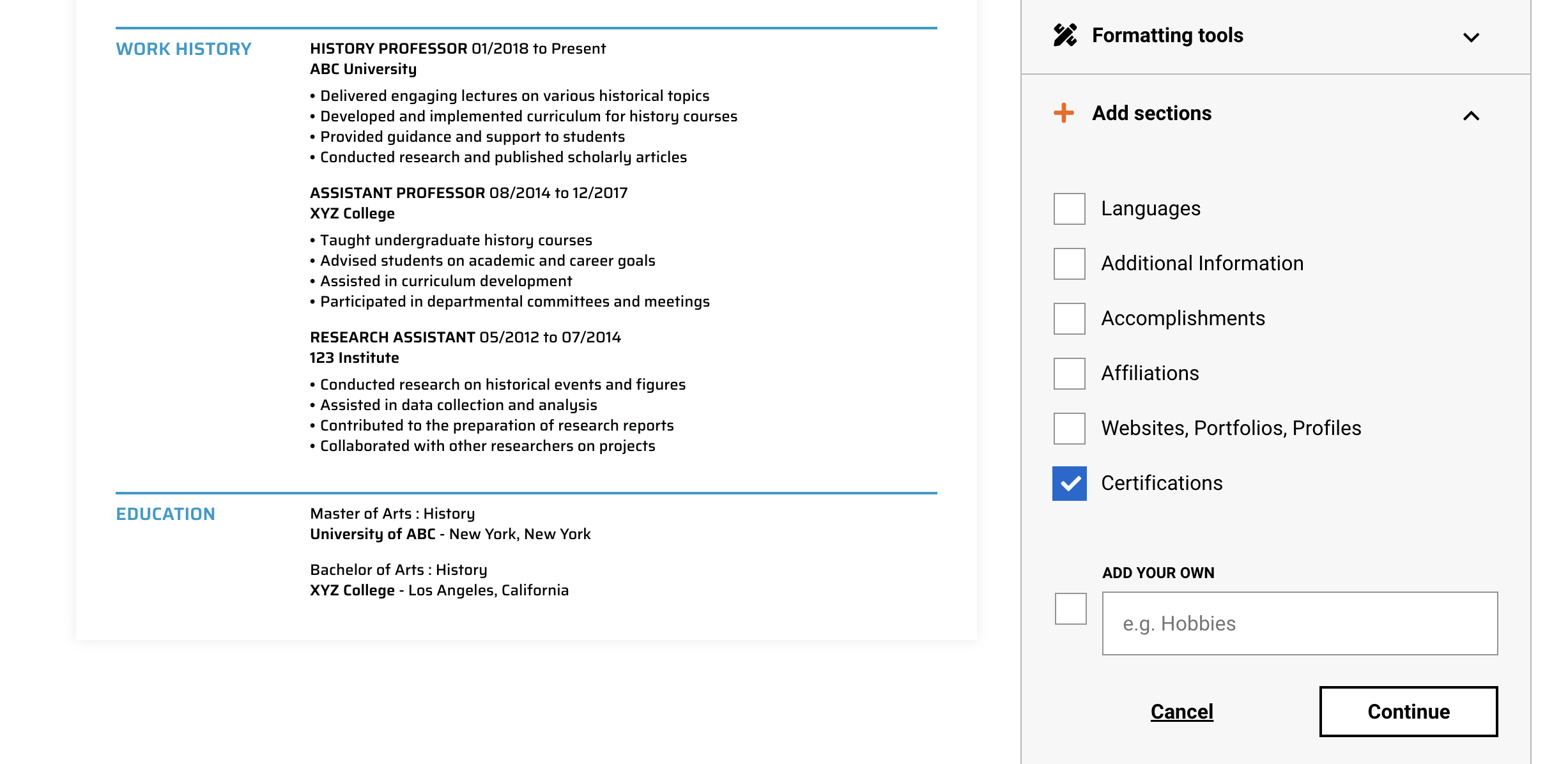 Adding certifications in resume builder