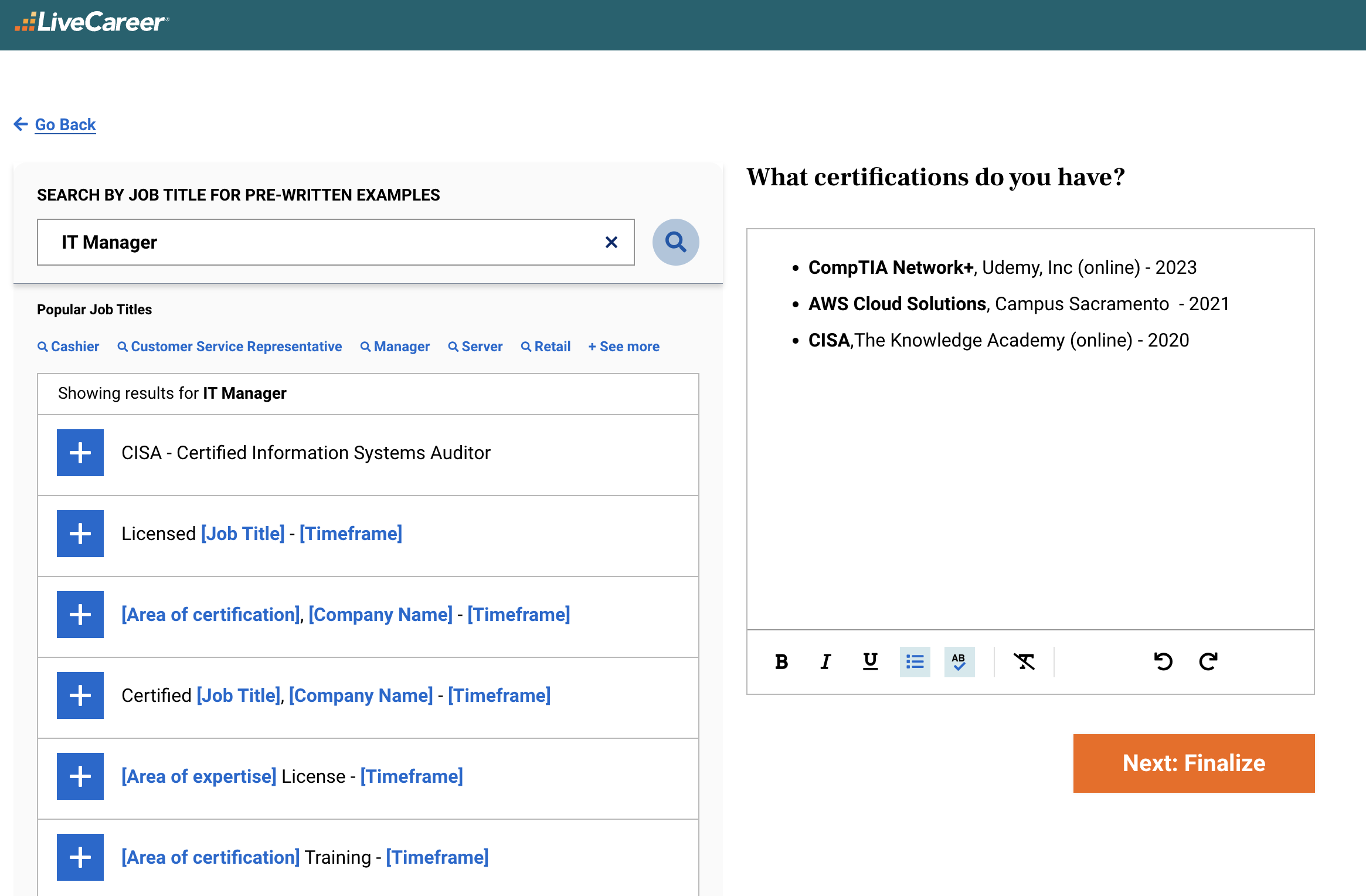 Using Builder to add certifications