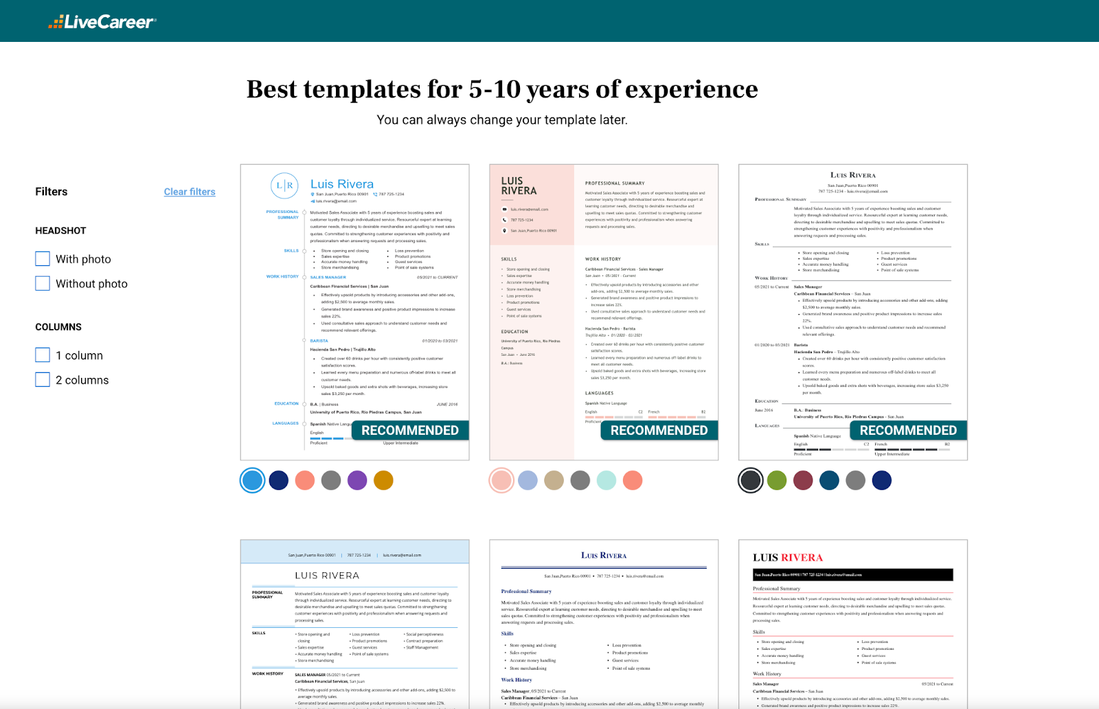 Livecareer Resume Builder Template Selection
