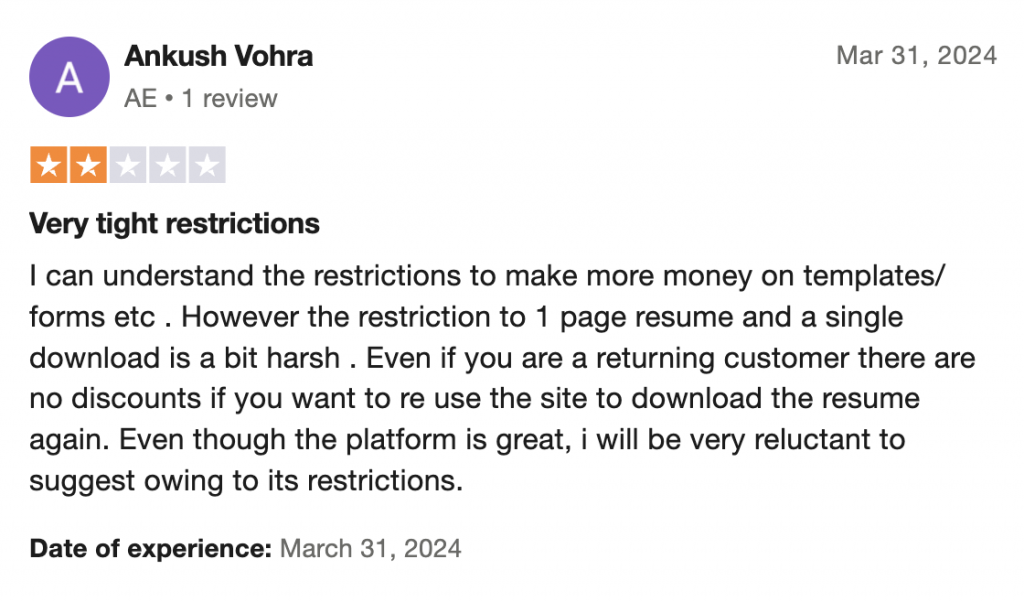 Novoresume Trustpilot Negative Review