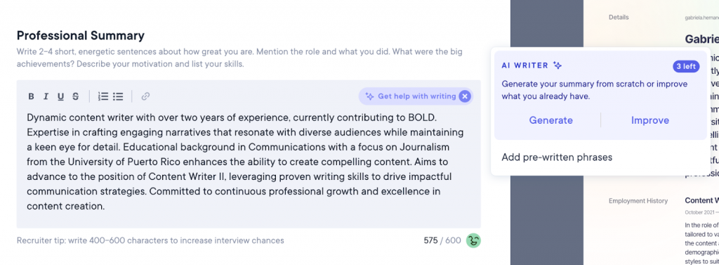 Resumeio Ai Assistant Resume Summary