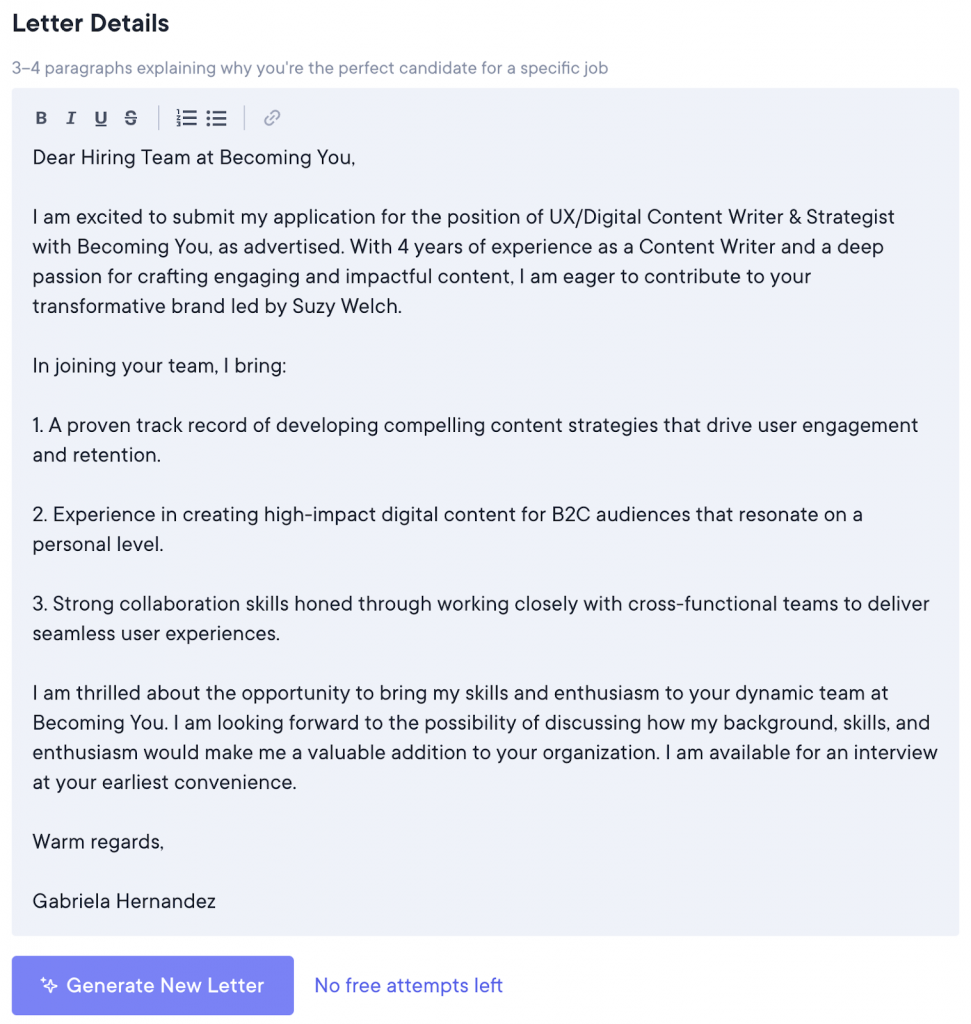 Resumeio Cover Letter Generation