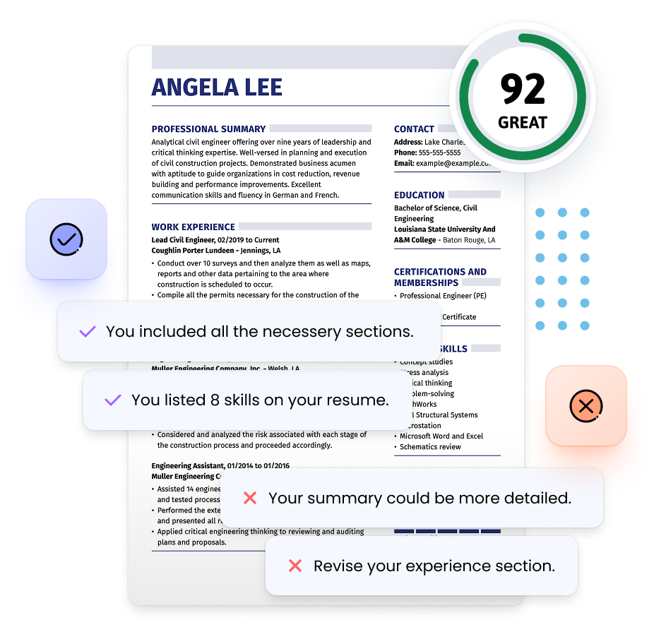 Illustration of LiveCareers ATS resume checker, showing the score "92", reason for the score, and the resume next to it