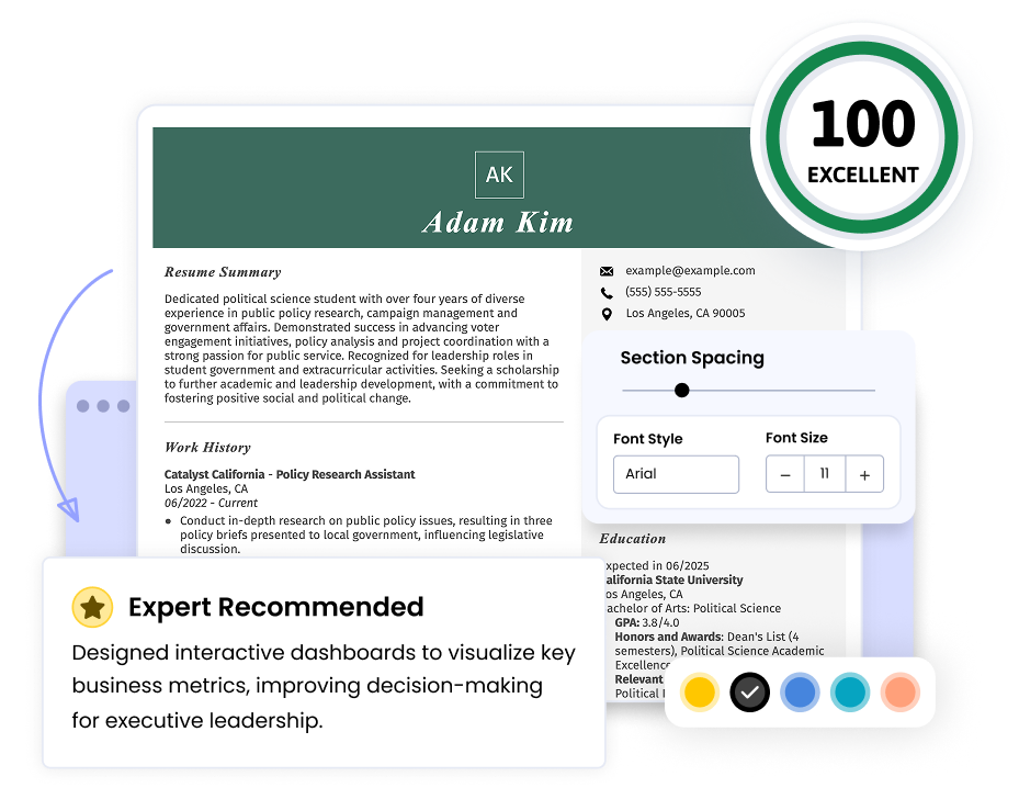 Resume builder interface displaying a score of 100 and an expert recommendation tool.