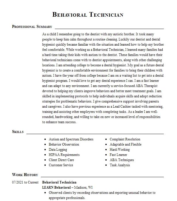 Behavioral Technician Resume Example