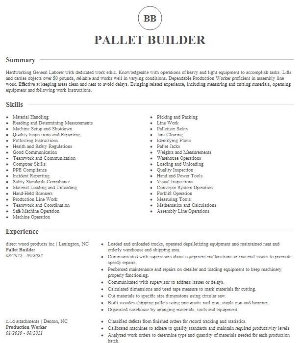 pallet builder job description for resume