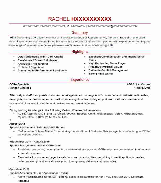 Core Network Specialist Resume Example