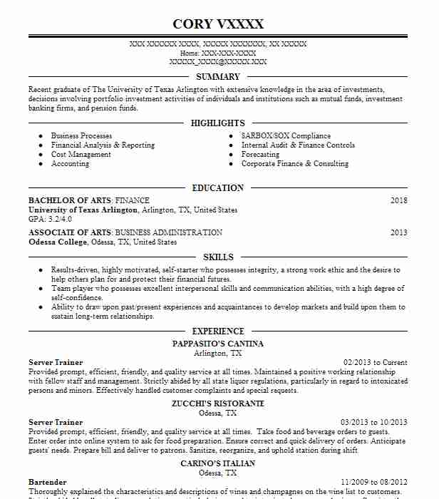 Server Trainer Resume Example