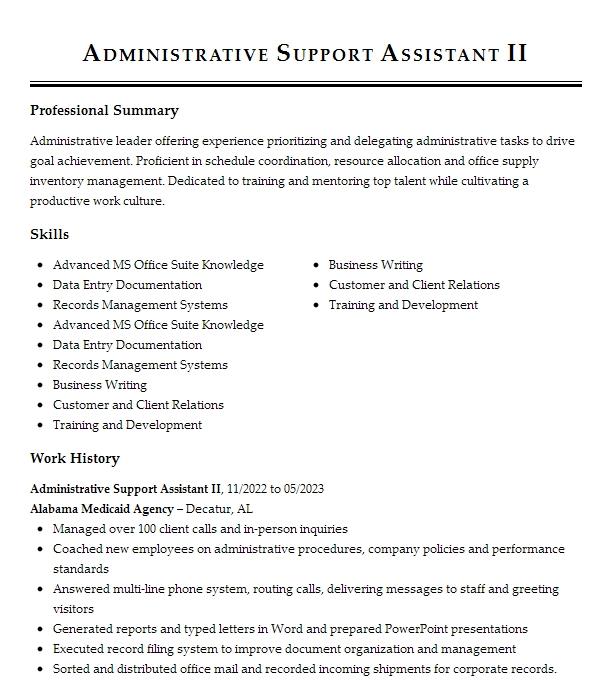 Administrative Support Assistant Ii Resume Example