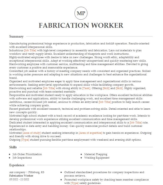 Fabrication Worker Resume Example