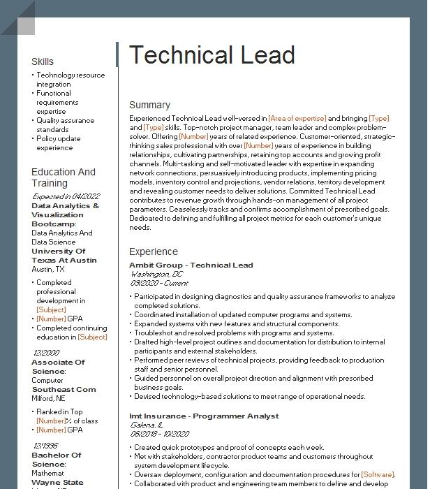 Technical Lead Resume Example